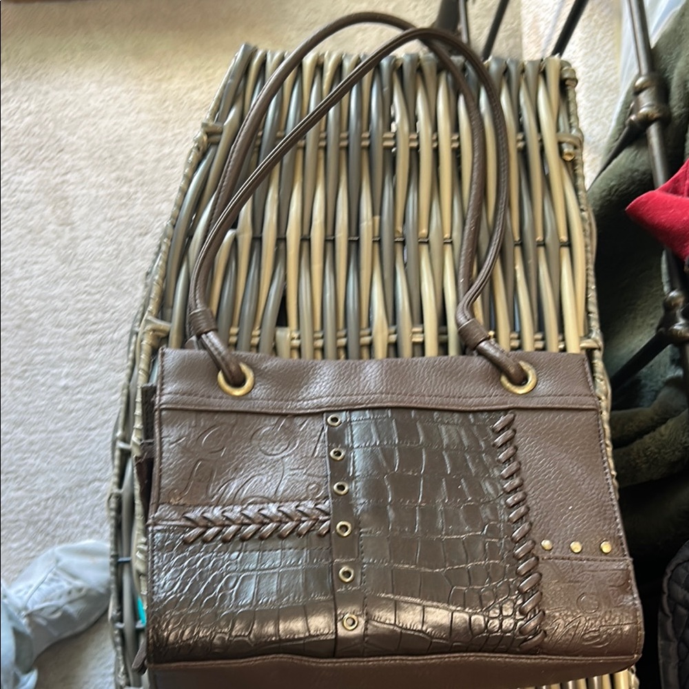 Brown Vegan Leather Shoulder Bag with Textured Design